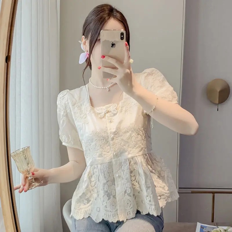 

Fashionable Square Collar Short-sleeved Top 2025 Summer New Chinese Style Chinese Style Embroidered Shirt for Women