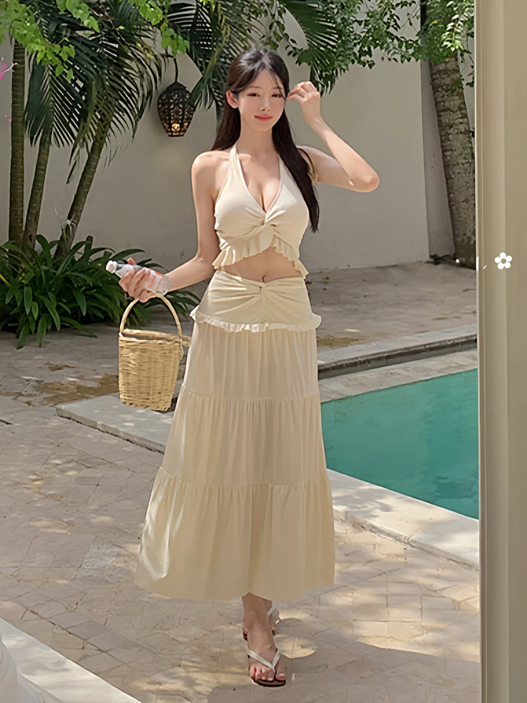 

Spicy Girl Vaion Vibes f-length Bikini Swimwear Women's V-ne Tee-piece Set Ne Hanging Tan-colored Skirt