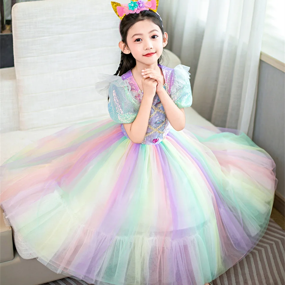 Girls Unicorn Rainbow Dress Kids Halloween Birthday Carnival Party Fancy Vestido Gradient Costume Princess Puff Sleeve Ball Gown