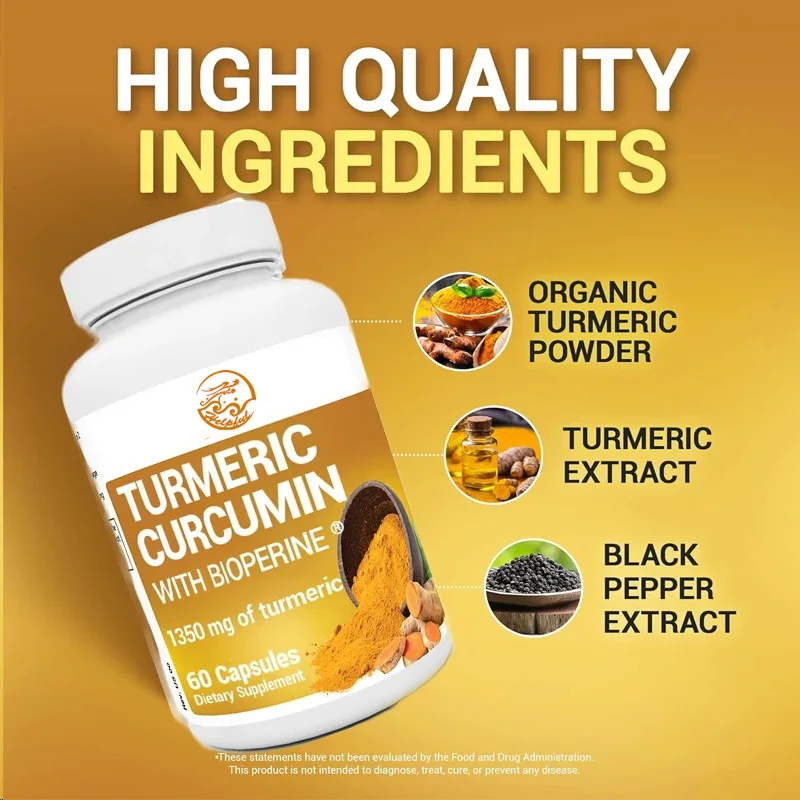 Turmeric supplement with black pepper (BioPerine) -1350mg curcumin supplement, containing 95% curcumin and 60vegetarian capsules