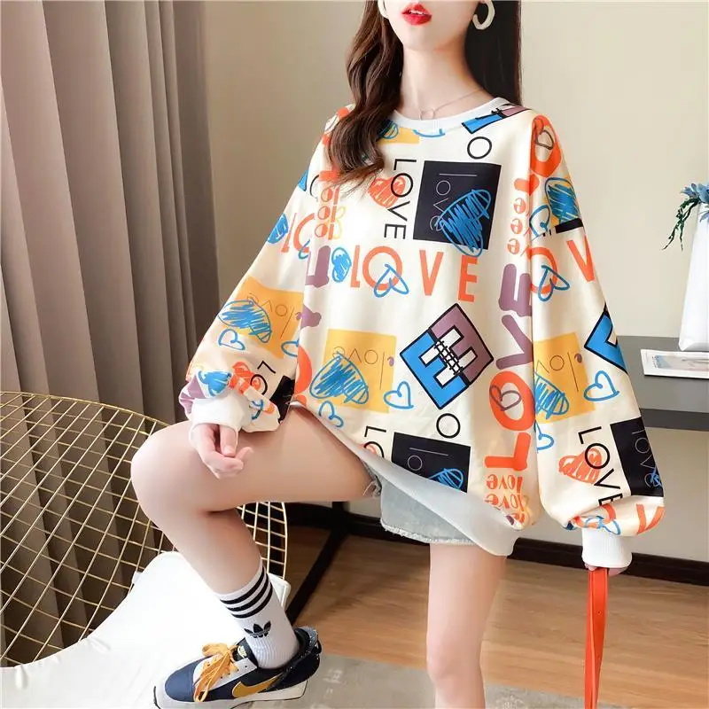 Fashion Color Printing Letter Casual Sweatshirts Female Clothing 2023 Autumn Oversized All-match Pullovers Korean Sweatshirts