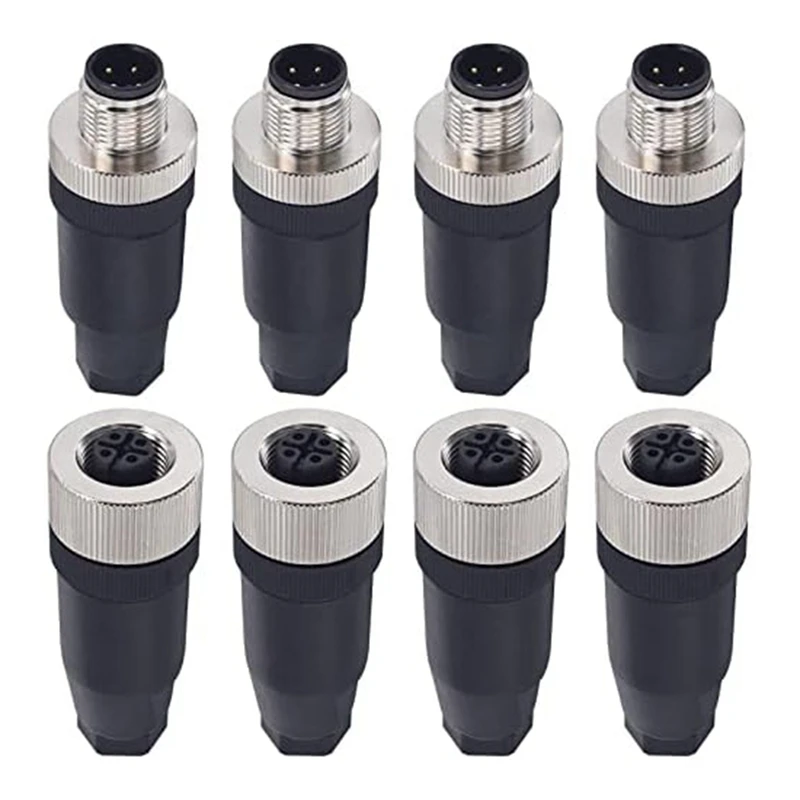 

M12 4 Pin Male And Female Receptacle Panel Aviation Wire Connector 12Mm Industrial Circular Connector, IP67 Black + Silver 8 Pcs