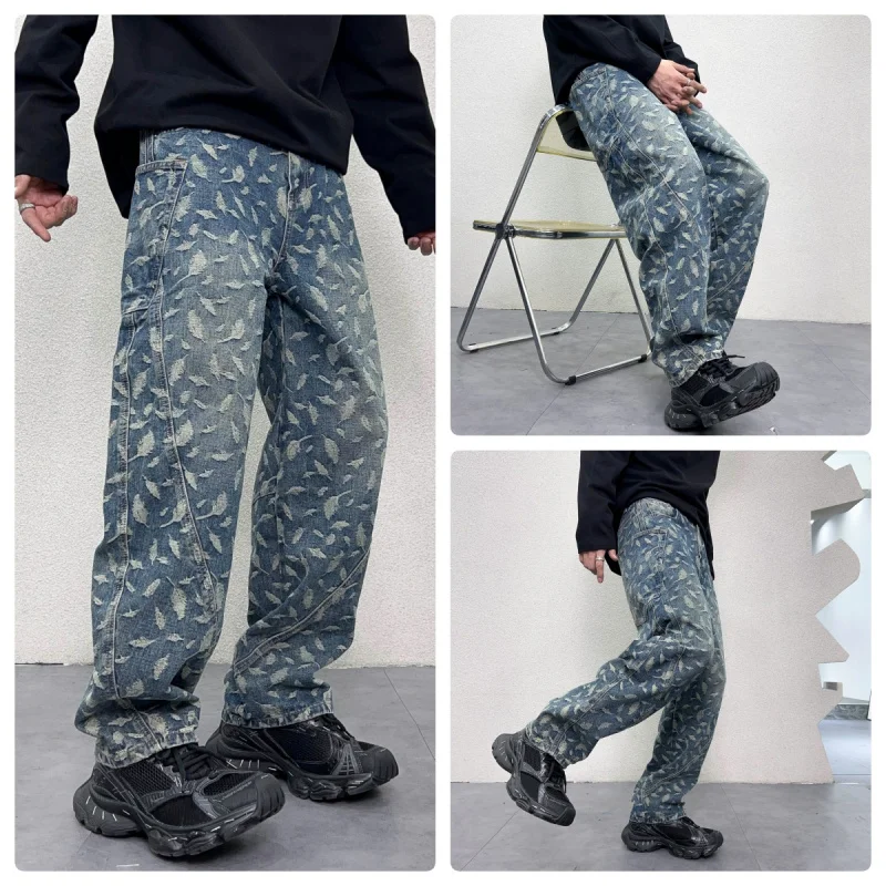 Jean jacquard aviation personnalisé pour homme, pantalon droit ample, bleu délavé, haut de gamme