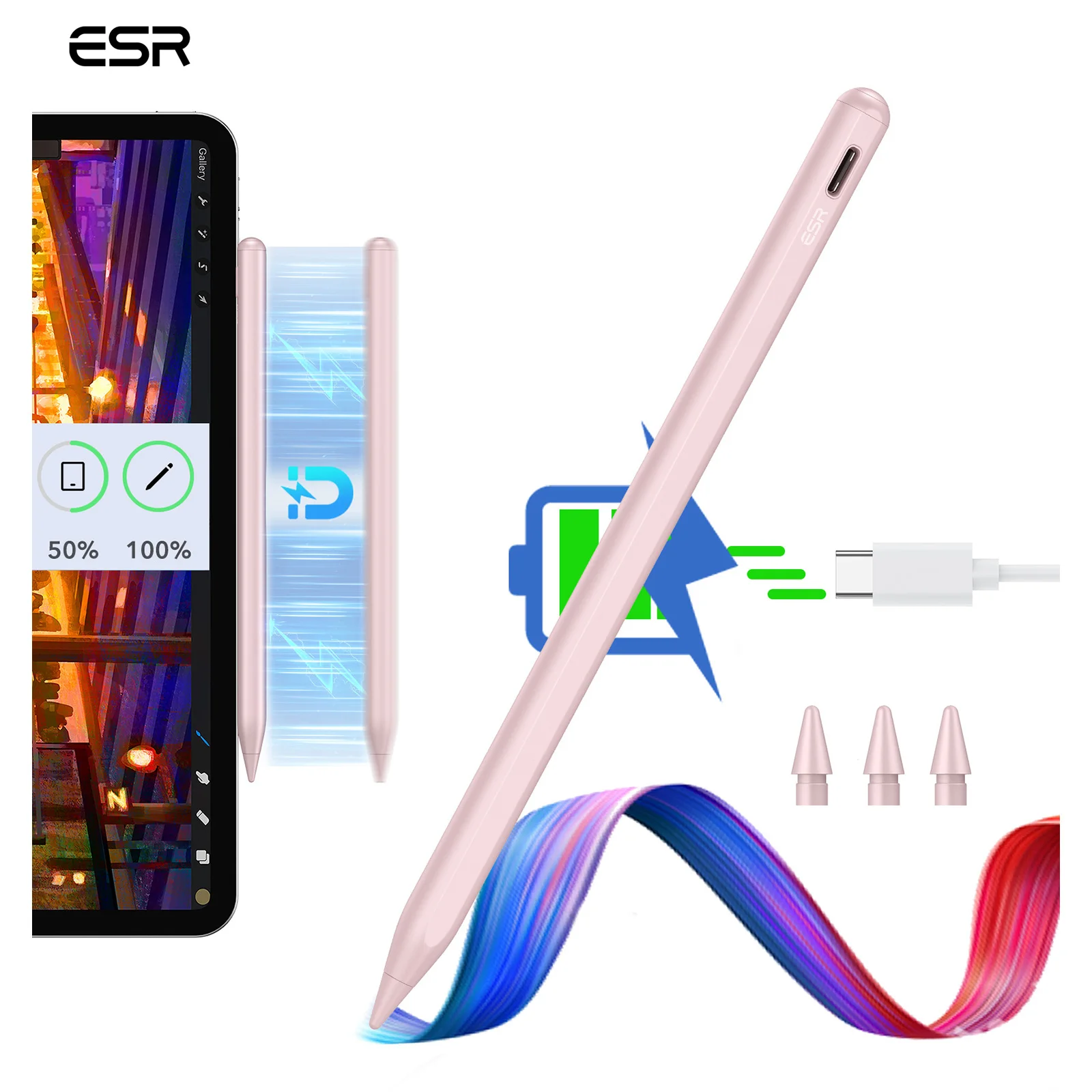 【セール中】ESR iPad ペンシル ワイヤレス充電 磁気吸着スタイラスペン iPad Mini 6&iPad Pro 11&12.9&iPad 第10世代対応