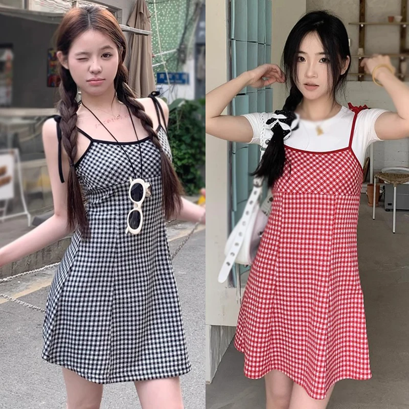 Summer Women Dress Plaid Bow Tie Fashion Sexy Sweet Backless Seaside Resort Style Slip Dress