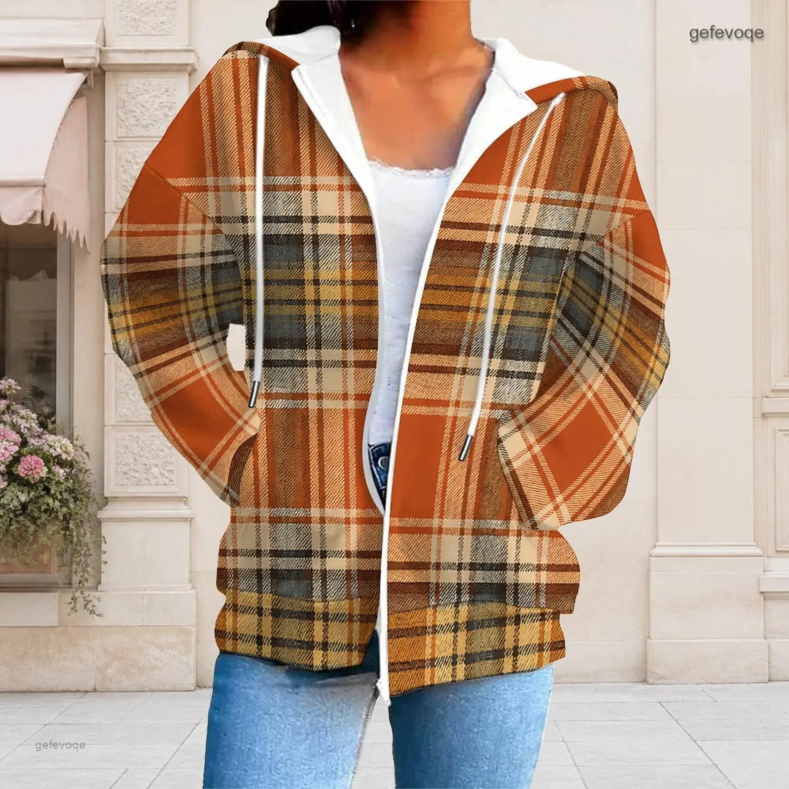 Women White Base Printed Polka Dot Line Zip Up Long Sleeve Hoodie with Pockets