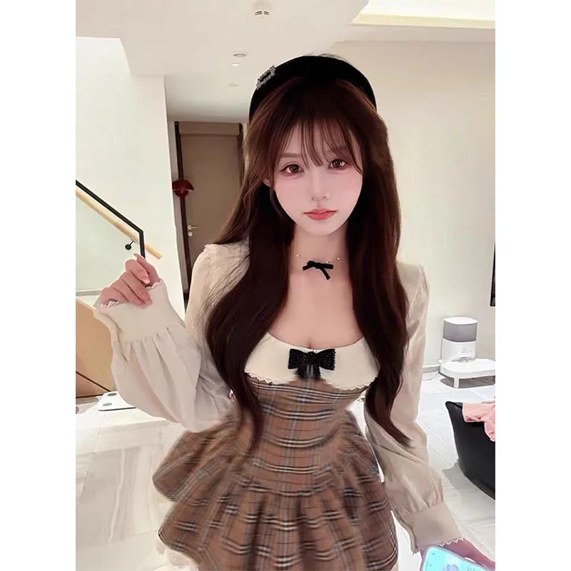 

Japanese Sweet Preppy Style Elegant Party Dresses Women Kawaii Lace Bow Plaid Mini Dress Y2k Autumn Winter Fashion Outfits New