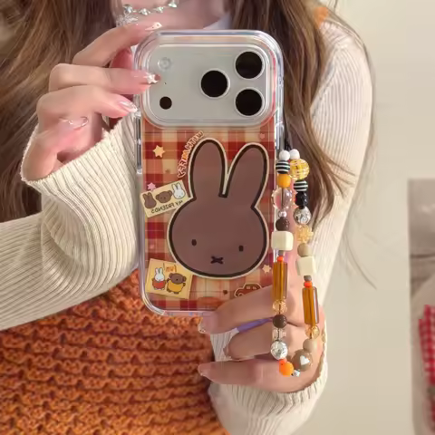 Korean Cute Grid Miffy Phone Case For iPhone 17 16 15 14 13 Pro Max lovely cartoon Miffy star with bracelet Back Cover