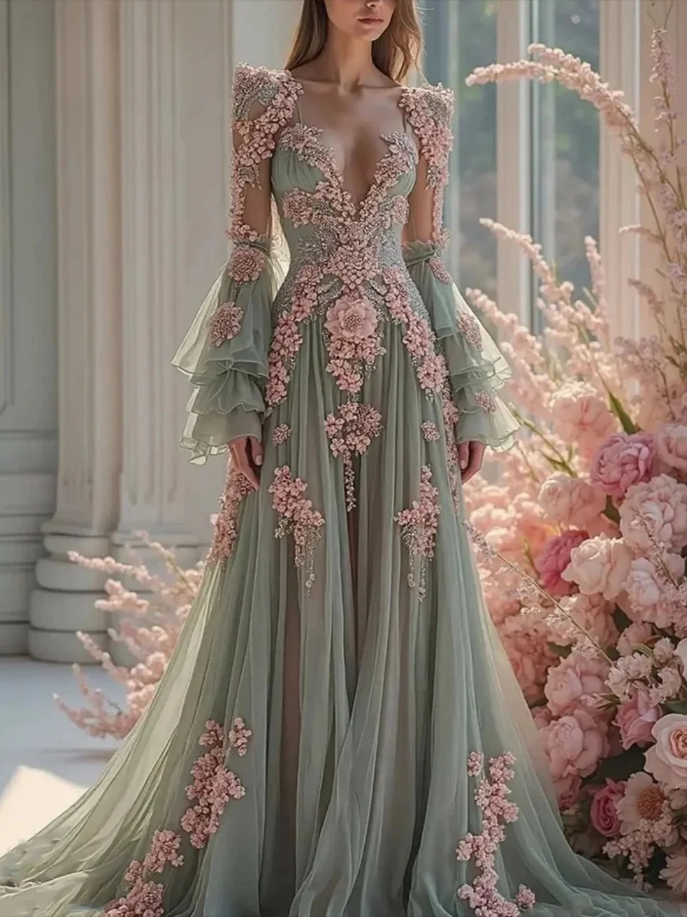 Lace Floral Long Sleeves Bespoke Occasion Gown Evening Dresses Pastrol Unisex Jersey Retro Dubai Saudi Arabic Prom Customized