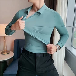 High Elasticity Seamless Men's Shirts Long Sleeve Top Quality Slim Casual Luxury Shirt Social Formal Dress Shirt Plus Size S-5XL