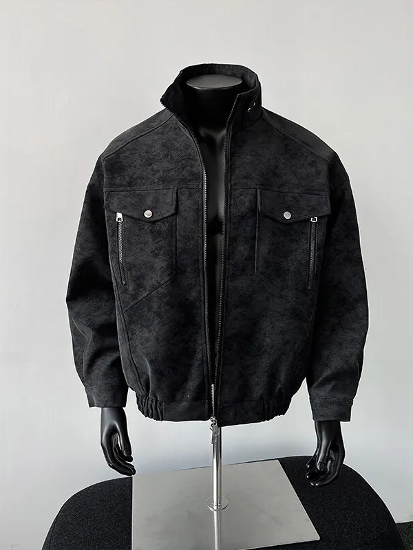 

Мужская весенняя куртка из матовой черной искусственной кожи с эффектом тай-дай, в американском ретро-стиле, с воротником-стойкой, бейсбольный жилет, мотоциклетная куртка Cleanfit