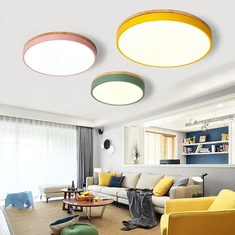 Round Ceiling Lamp Wood Iron Cookie Bedroom Restaurant Hotel Dinning Room Green Gray White Black Macaron Color Light