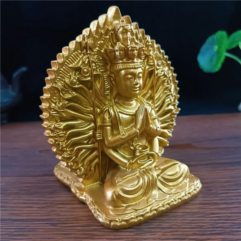 12CM Gold Chinese Feng Shui Thousand-hand Guan Yin Buddha Statue Lucky Kwan Yin Buddha Sculpture Figurines Home Decoration