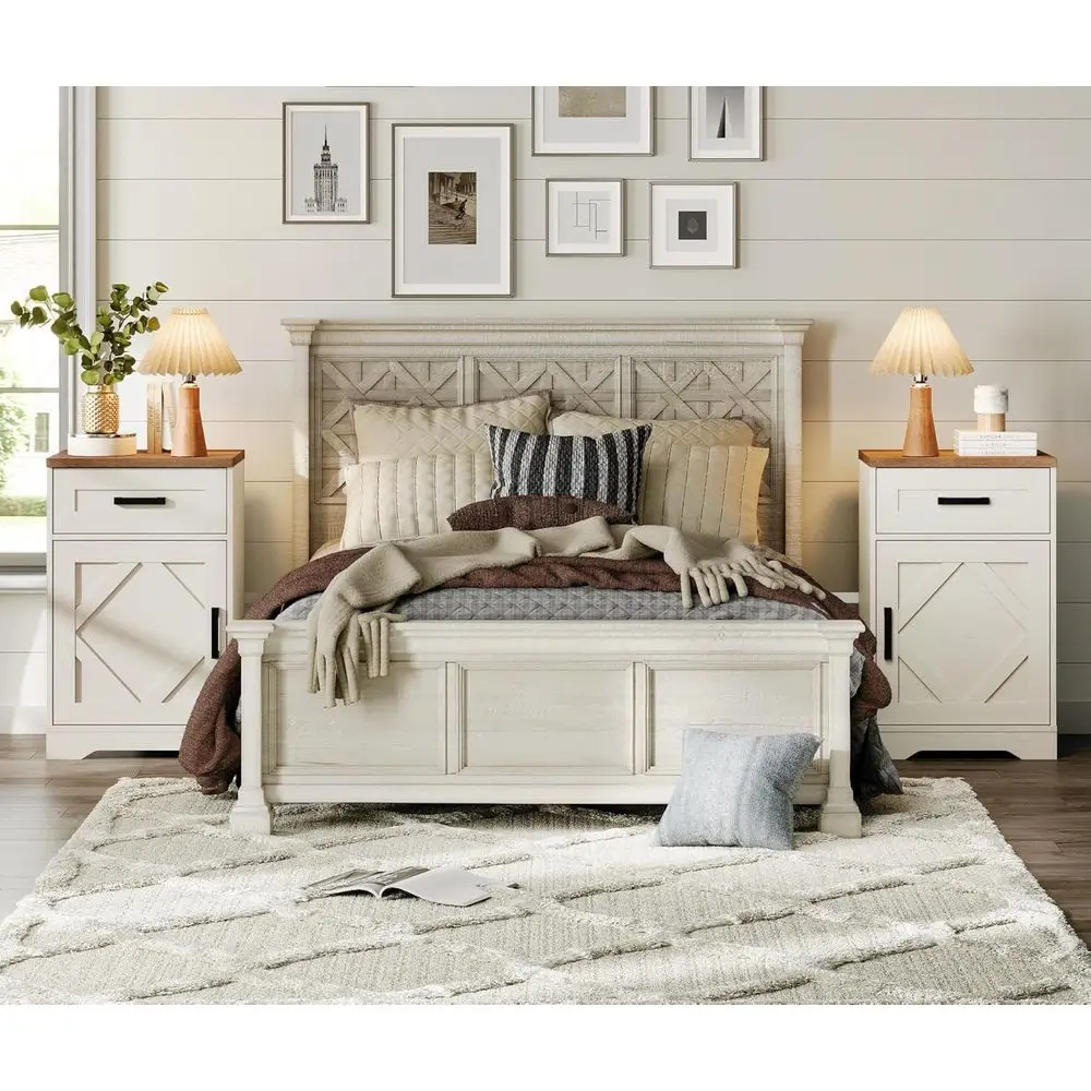 Pair of 31.9 Antique White Wood Nightstands with Drawers and Barn Doors, Adjustable Shelves for Bedroom