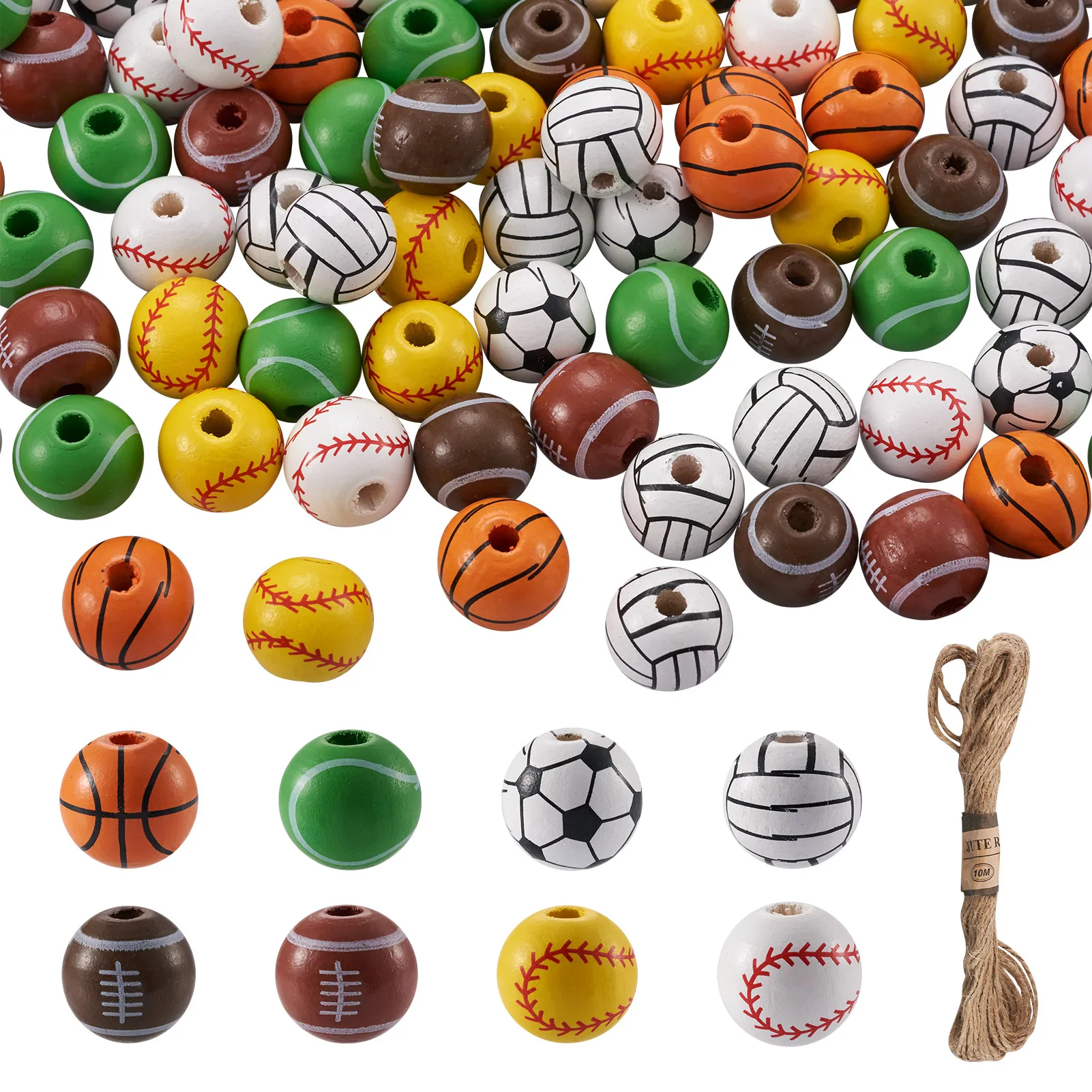 Sport Themed Wooden Beaded Party Decor Bracelet Jewelry Making Kit Basketball Football Volleyball Baseball Wood Bead Jute Cord