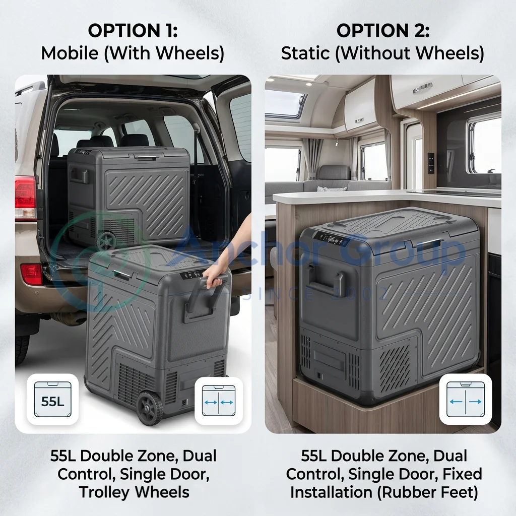 55L Truck RV Car Refrigerator With Wheels Dual Zone R600a Rolling 12V 24V Portable Fridge Freezer For Family Camping Outdoor