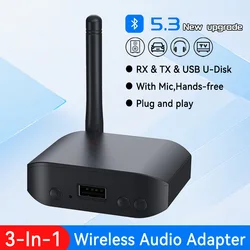 5.3 Bluetooth Audio Receiver Transmitter 3.5mm AUX/U Disk Wireless HIFI Sound Quality Audio Adapter with Mic for Car Speakers