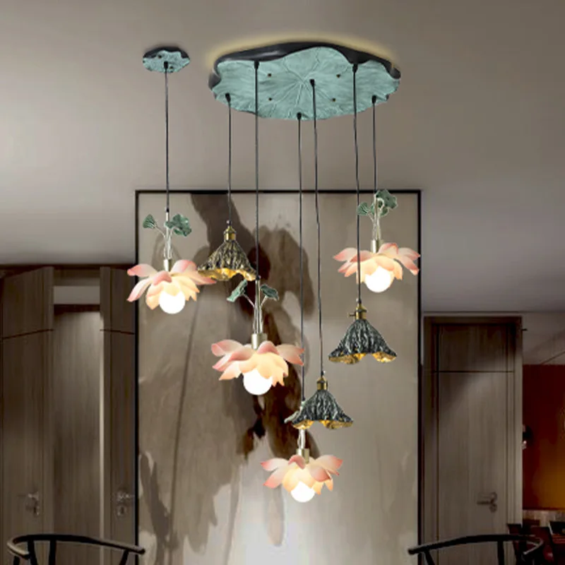 

New Chinese Style Living Room Lotus Chandelier Creative Restaurant Lamp Tea Room Zen Lotus Lamp Villa Staircase Lotus Lamp