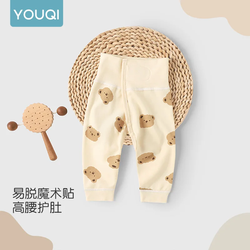 

【Youqi】Chinese Baby Clothes for 0-2 Year Olds, Spring and Autumn High-Waisted Belly-Protecting Pants, Early Autumn Magic Tape Crotchless Pants, Outdoor Wear, Base Layer Long Pants