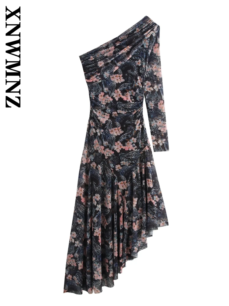 XNWMNZ 2024 Autumn Woman's Casual Fashion Single Sleeve asymmetrical Dress Midi Skirt Female Party Floral Ruffles Print Dresses