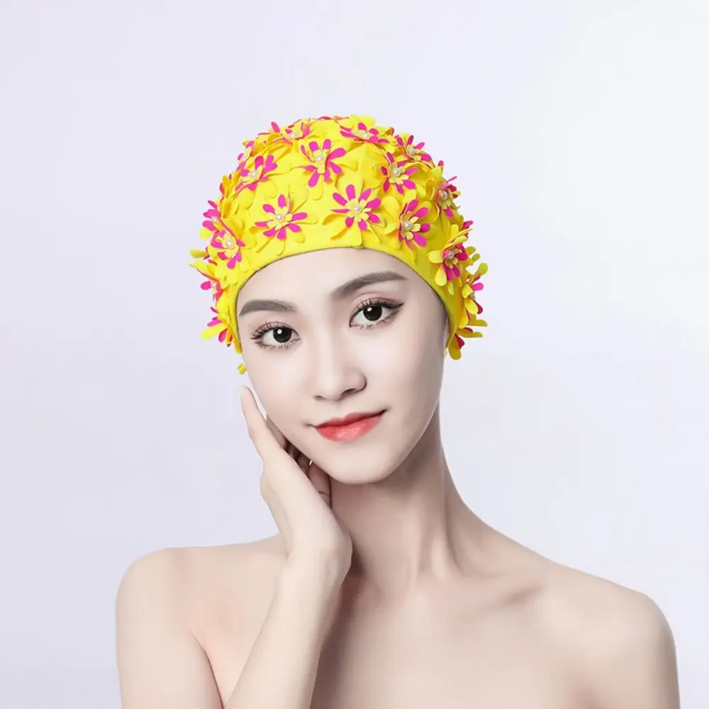 Beach Swimming Cap Pearl Floral Petal Swim Cap Flower Long Hair Swimming Hat Elastic Breathable Flower Swimming Cap Women