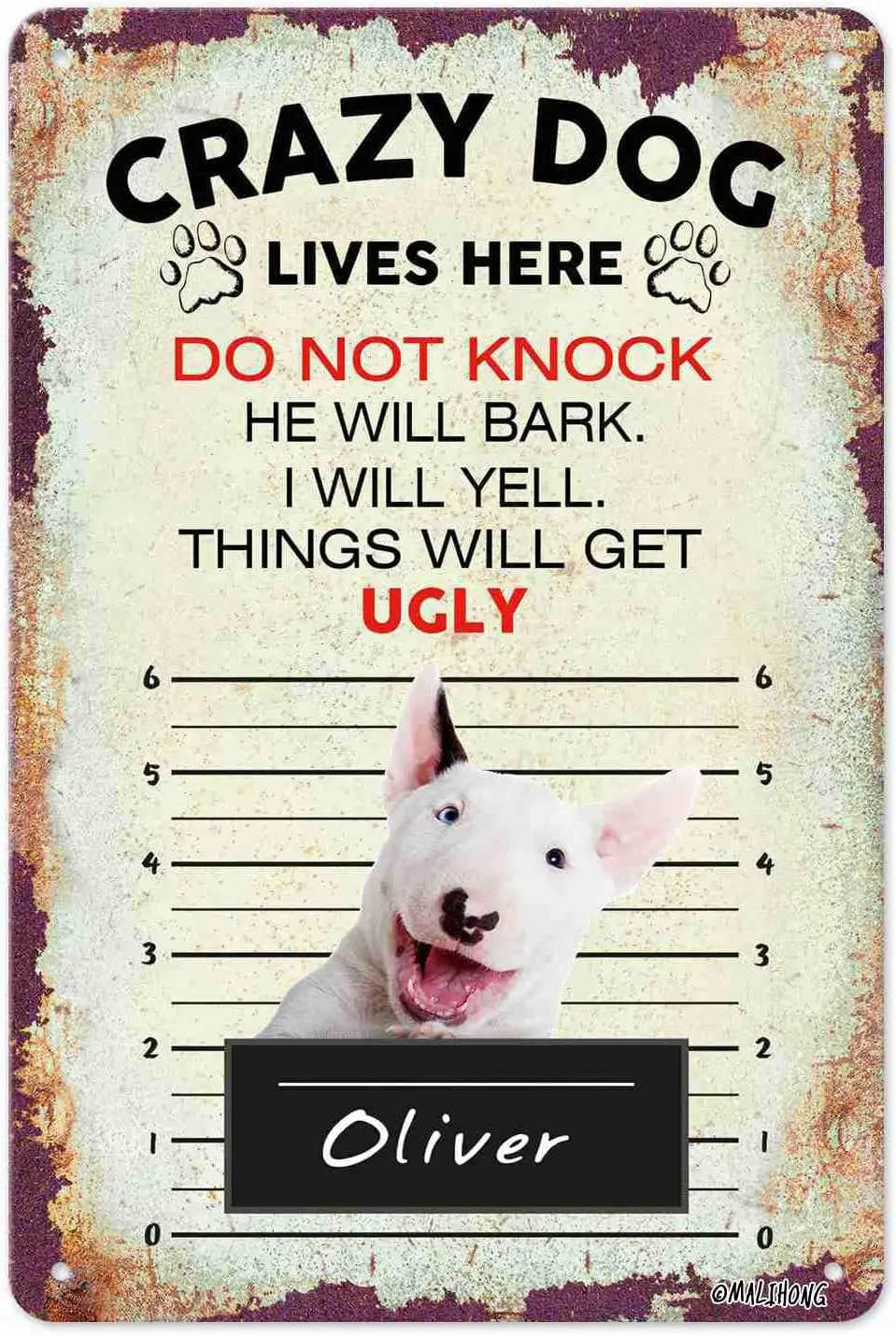 Personalized Crazy Dog Metal Sign Cute Bull Terrier Dog Lives Here Retro Tin Sign Bad Dog in Yard Warning Sign Funny Crazy Dog L