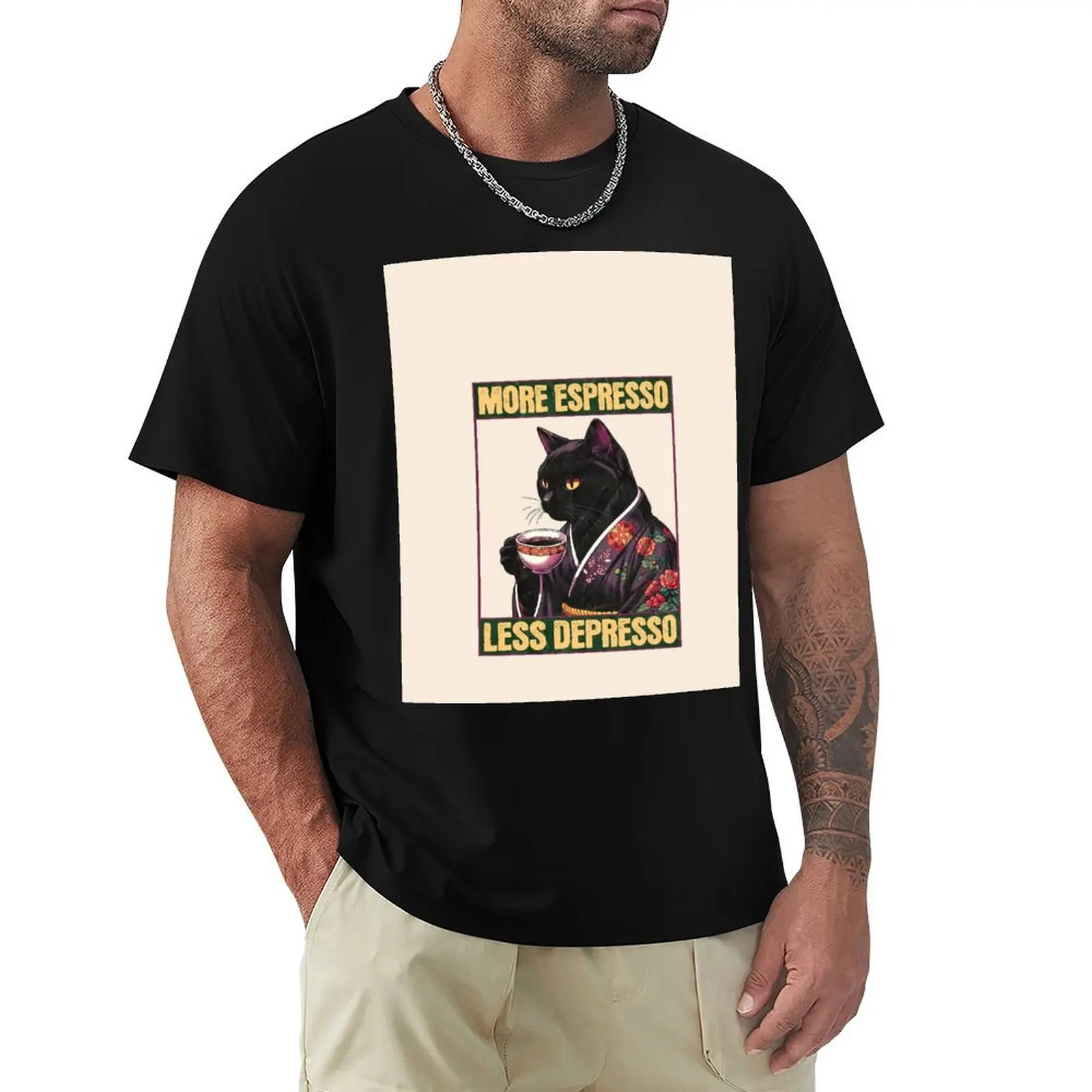 

More Espresso Less Depresso Meme - Funny Coffee Cat Vintage Poster T-Shirt All Match Print Short Sleeve Top