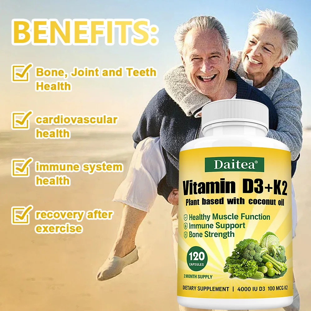 

Vitamin D3 K2 Capsule - 4000 IU Vitamin D3 Promotes Strong Bones, Calcium Absorption, Teeth, Heart, Cardiovascular Health