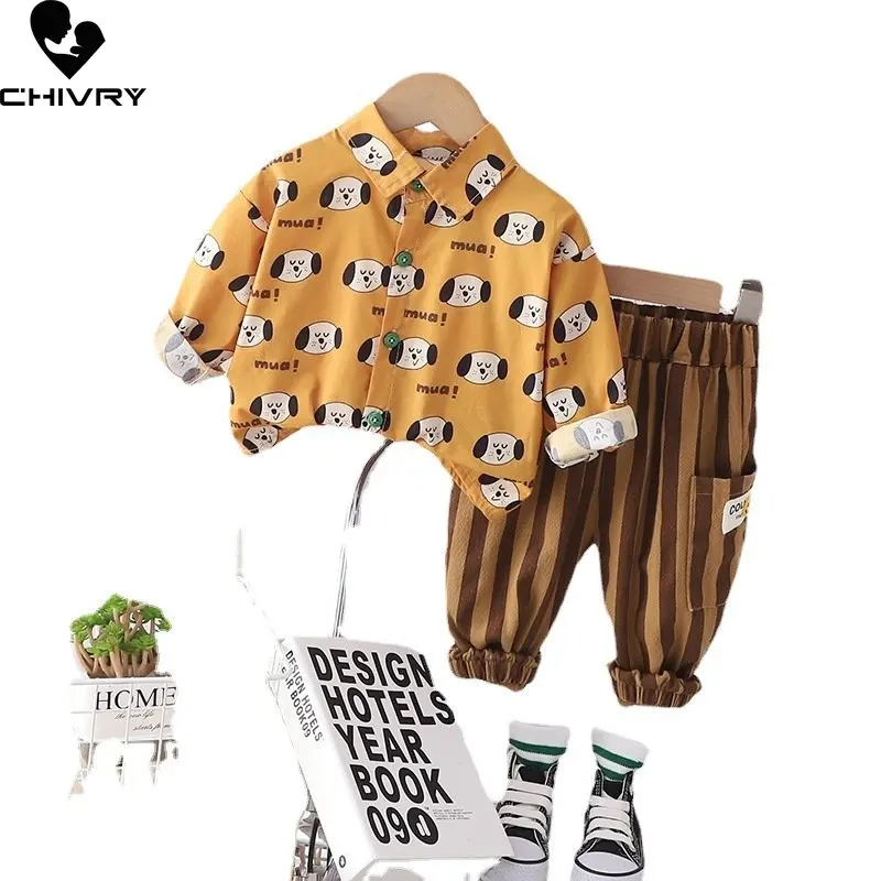 Set di abbigliamento per ragazzi nuovo 2023 primavera autunno bambini moda Cartoon risvolto camicie top con pantaloni a righe ragazzi Casual set di due pezzi