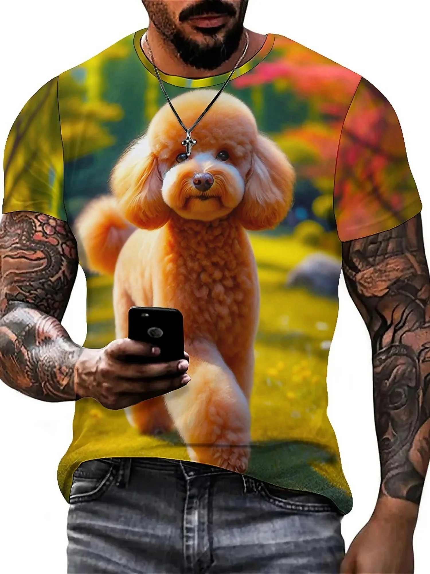 Camiseta masculina e feminina com estampa 3D tie-dye primavera/verão – tecido de poliéster macio, gráfico de poodle fofo