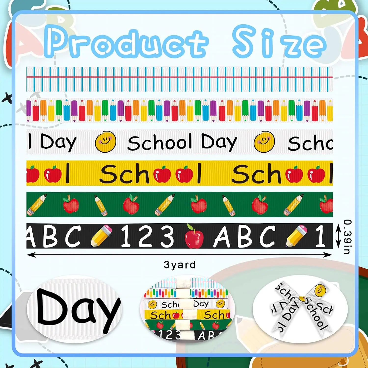 6 Rolls 18 Yards Back to School Ribbons 3/8 Inch School Day Grosgrain Black Green Yellow Apple Pencil ABC Gift Wrapping for DIY