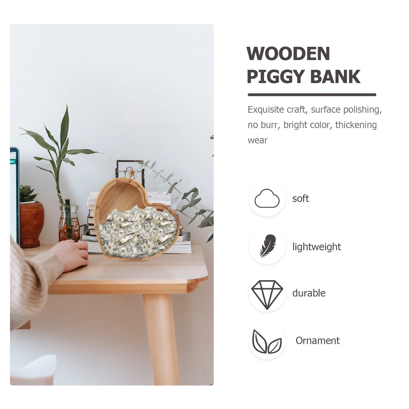 

Lovely Heart Wooden Piggy Bank Coin Bank for Kids Boys Girls Adults to Organize Change and Coins Money Box Wood Money Box