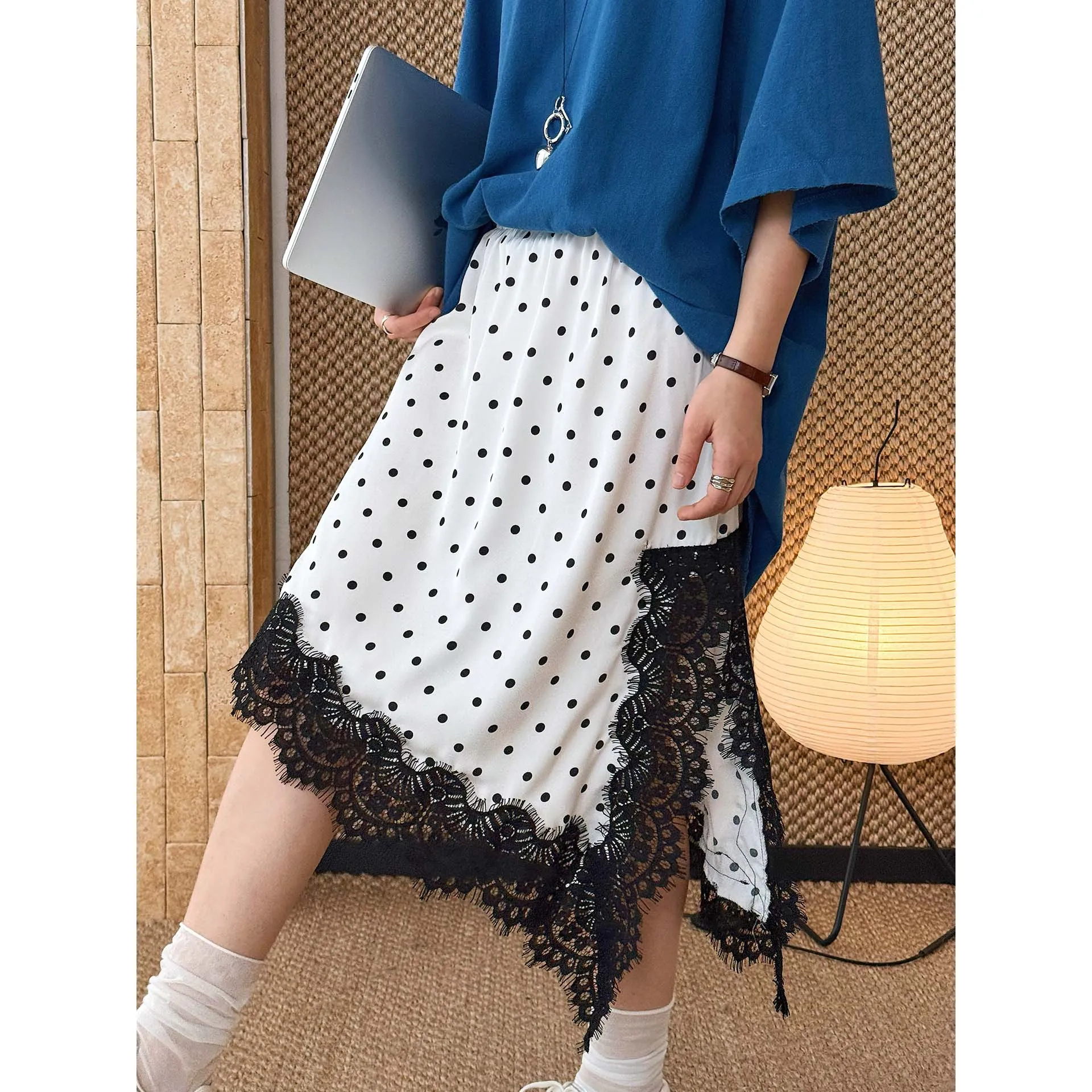

Summer Polka Dot Lace Spliced Irregular Hem Long Skirt
