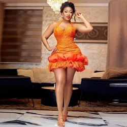 Orange Mini Cocktail Dresses With Halter Sexy Back Festhers Ruffles Bottom Above Knee Black Girls Birthday Party Dress Prom Gown