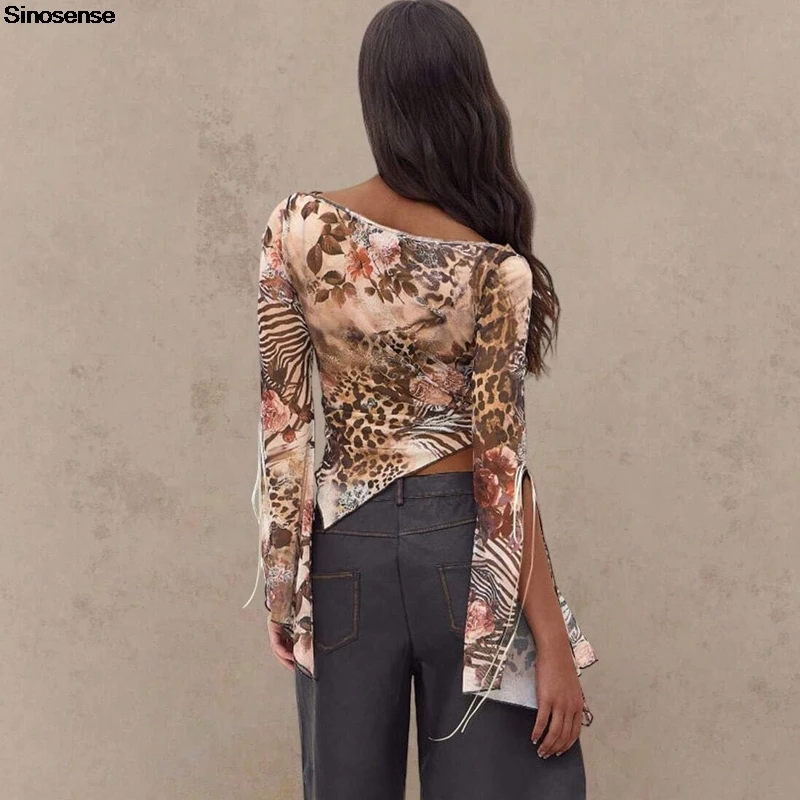 Mulheres floral manga longa topos camisas assimétricas blusas de ajuste fino y2k saindo rua data noite clube festa outono outfits