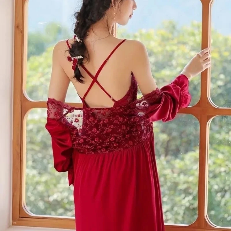 Women\'s Sexy Nightgowns Set Red Color Summer Spring Ladies Bathrobe Suit Lace Backless Deep V Neck Nightdress for Female 2024