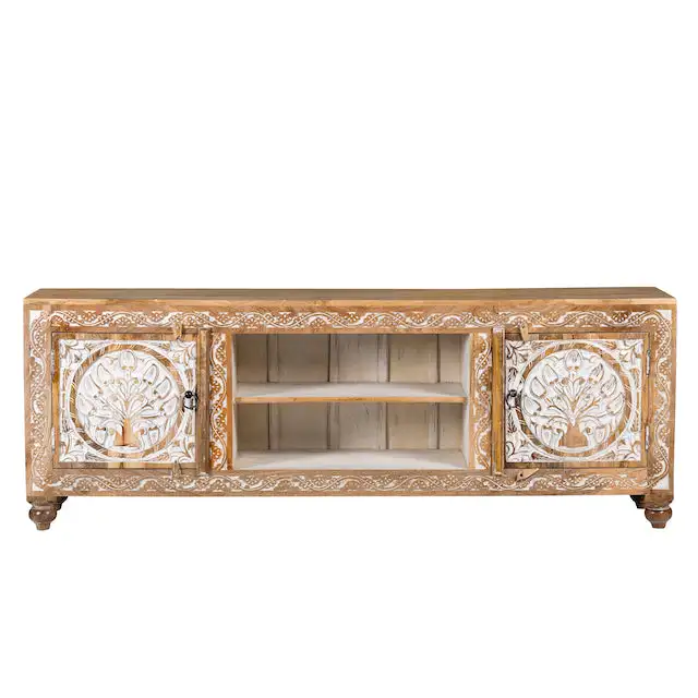 

Modern Best Design Hand-carved Distressed Solid mango Wood White TV Bench Cabinet