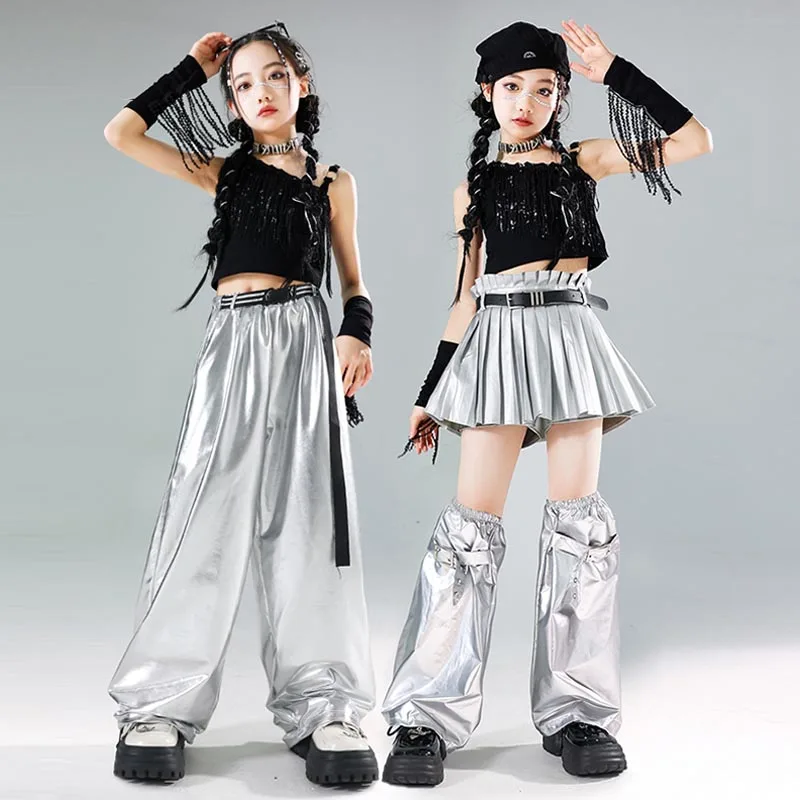 Jazz Dance Outfit Girls Hip Hop Performance Costume K-Pop Stage Wear Kids Fashion Clothes Black Top Silver Skirt Shorts Pants