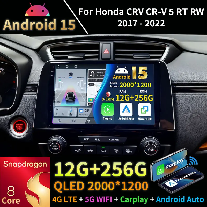 Android 15 Car Radio For Honda CRV CR-V 5 RT RW 2017 - 2022 GPS Multimedia Player Navi Head Unit Wireless Carplay Stereo DSP RDS