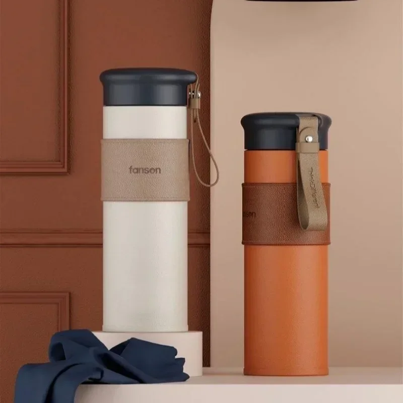 Portable Thermos Cup 304 Stainless Steel Coffee Cup Leather Textured Travel Office Water Bottle Drinkware Vacuum Flasks Gifts