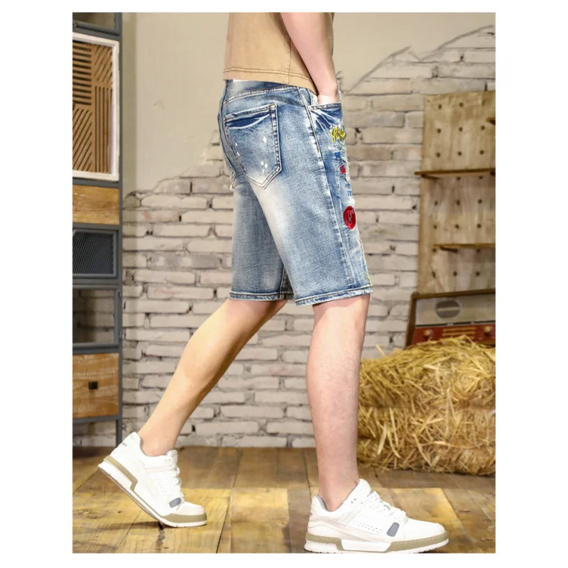 2024 biker retro blue denim shorts men's summer cool holes embroidery a Sex design street shorts men's