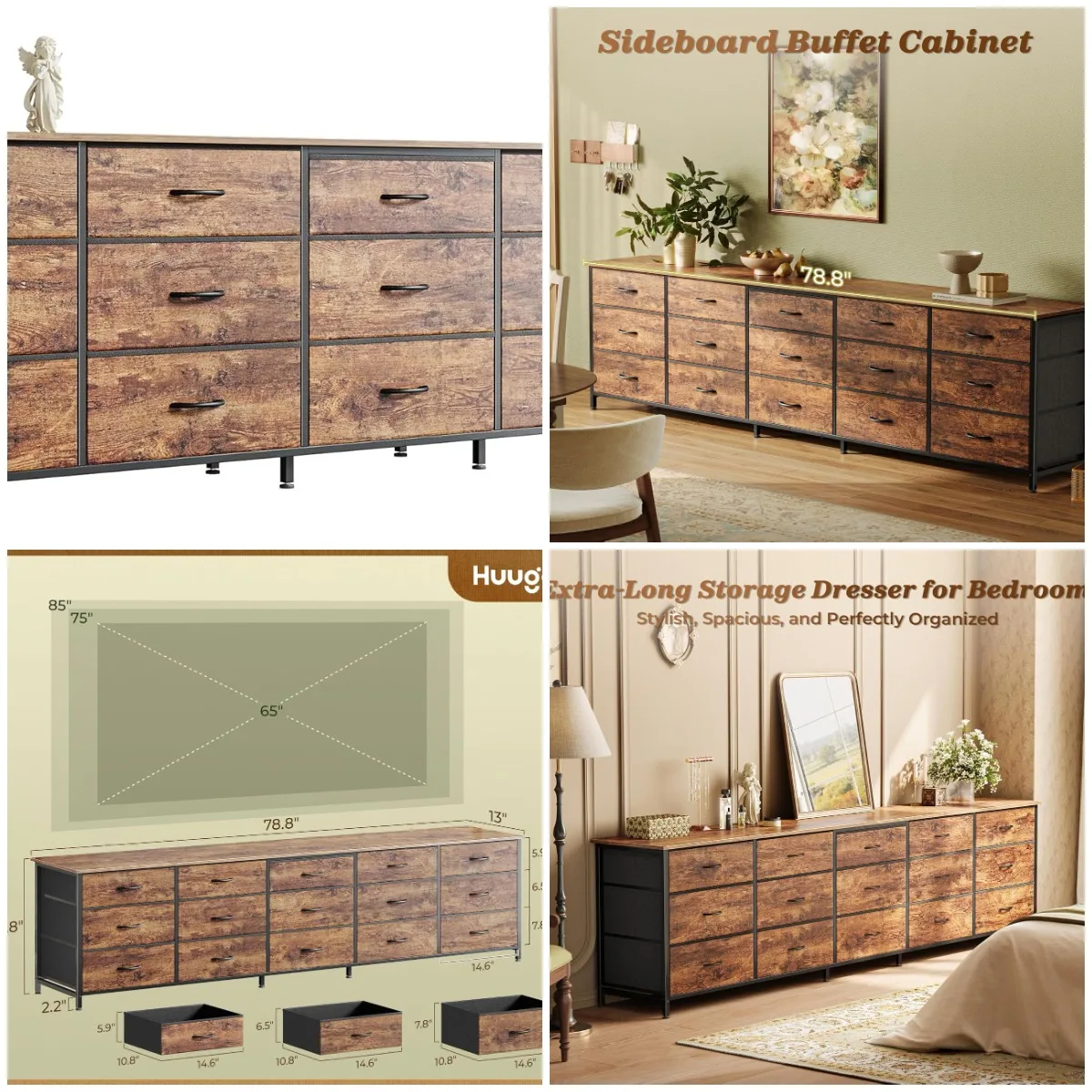 

Комод из коричневой ткани в деревенском стиле, 78,7 дюйма, с 15 ящиками, подставка под телевизор для телевизоров с диагональю 65–85 дюймов, комод для хранения в спальне