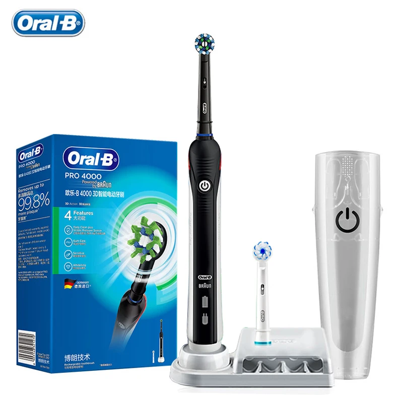 

Oral-B Rechargeable Electric Toothbrush Pro4000 Ultrasonic 3D Smart Teeth Whitening Replace Brush Heads for Adult Stain Removal