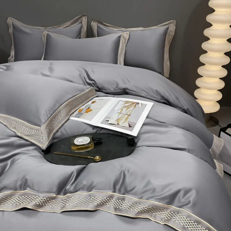 Grey Satin Embroidered Bedding Set Solid Color Washed Rayon Duvet Cover Fitted Bed Sheet Pillowcases Home Textile