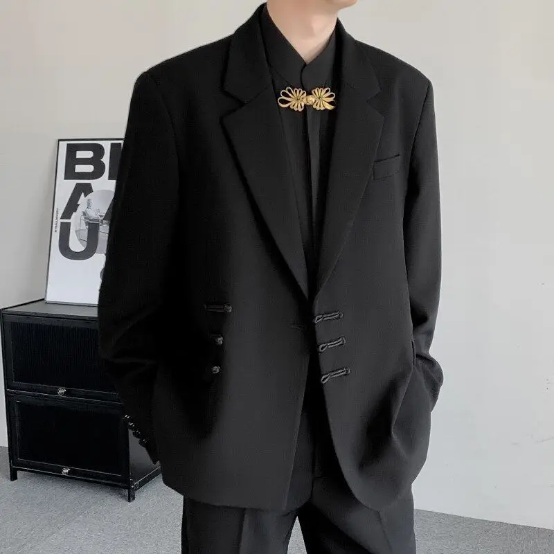 Men's New Chinese Style Wedding Suit Groom Tuxedo Set with Jacket Pants Modern Mandarin Collar Blazer Dark Academia Party Wear
