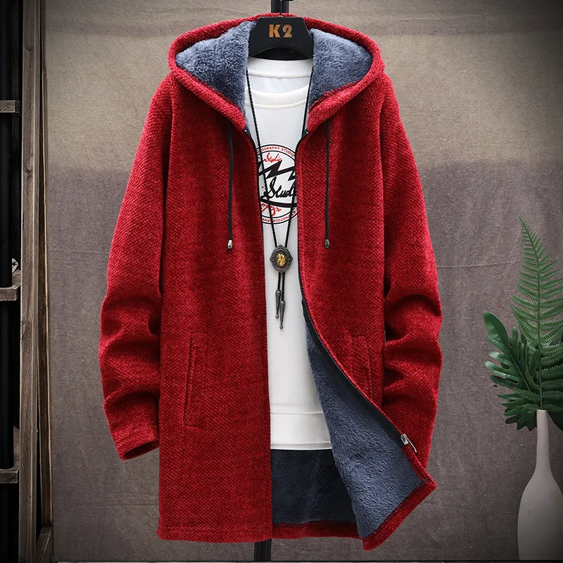 Men's Winter Thicken Sweatercoat Fleece Cardigan Jacket Male Slim Sweaters Long Hooded Sweater Warm Outwear Coats Plus Size 4XL