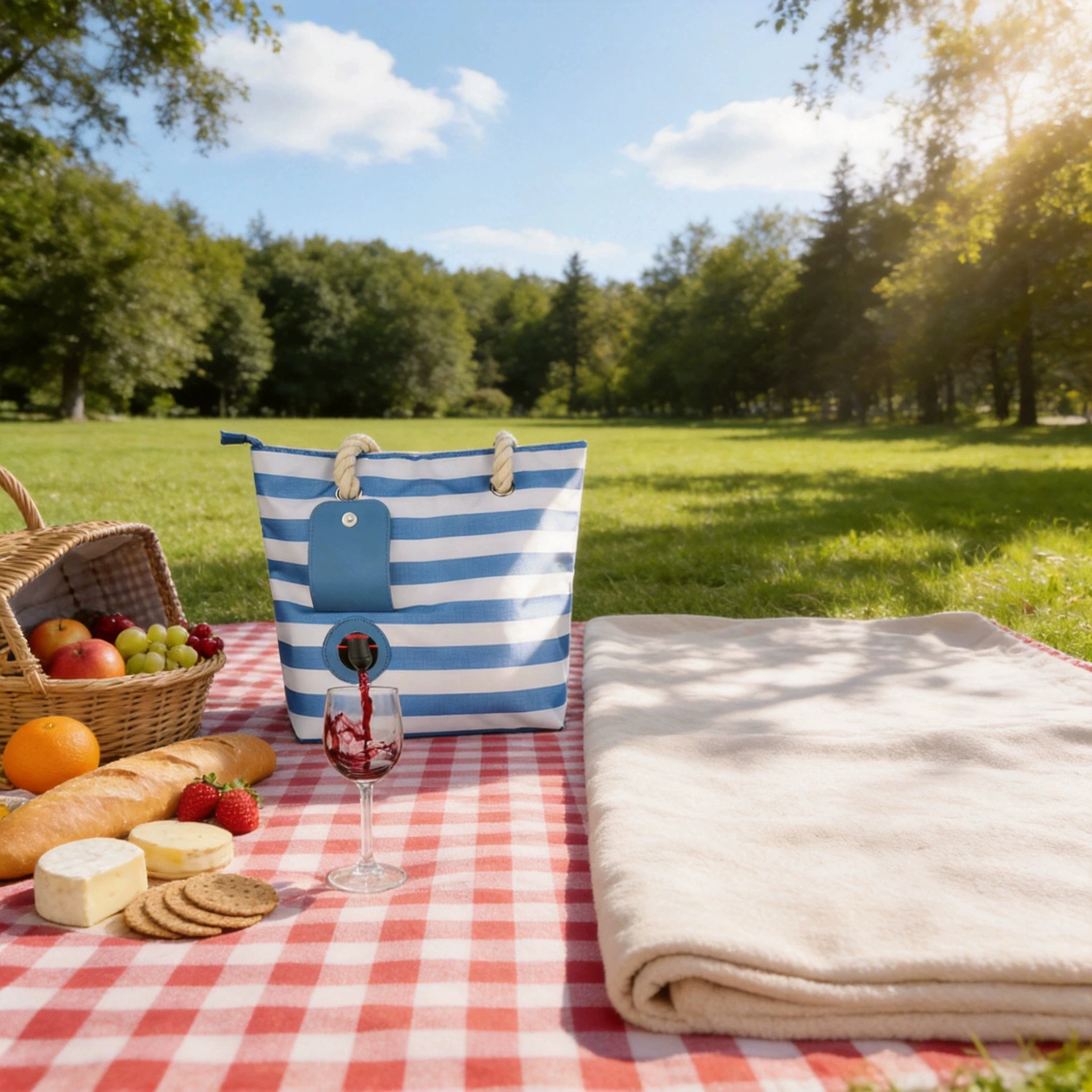 Red wine bag picnic bag insulated portable Christmas stripe handbag beach outdoor insulated camping storage bag