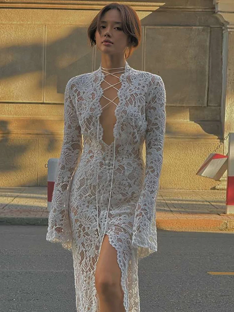 

JULISSA MO Sexy Deep V-neck High Slit Lace Women Maxi Dress Long Sleeve See Through Dress Autumn New Elegant Party Clubwear 2024