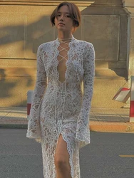 JULISSA MO Sexy Deep V-neck High Slit Lace Women Maxi Dress Long Sleeve See Through Dress Autumn New Elegant Party Clubwear 2024