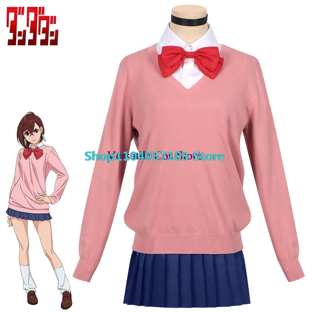 Anime Dandadan Momo Ayase Cosplay Costume Pink Top Blue Skirt School Uniform Earrings Socks Halloween Party Uniform Women Props